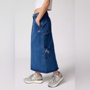 OBEY Juniper Embroidered Denim Midi Skirt Size 30 Casual Vintage-inspired Y2K